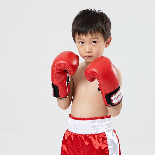 Photograph of a young Asian boy with black hair, shirtless, wearing red boxing gloves and red-white boxing shorts, standing with a focused expression against