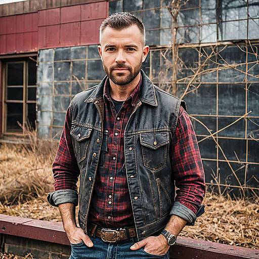 Man in Black Leather Vest and Plaid Shirt