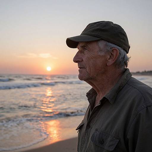Photograph of an elderly man with gray hair and beard, wearing a dark cap and shirt, gazing at a sunset over a beach with gentle waves