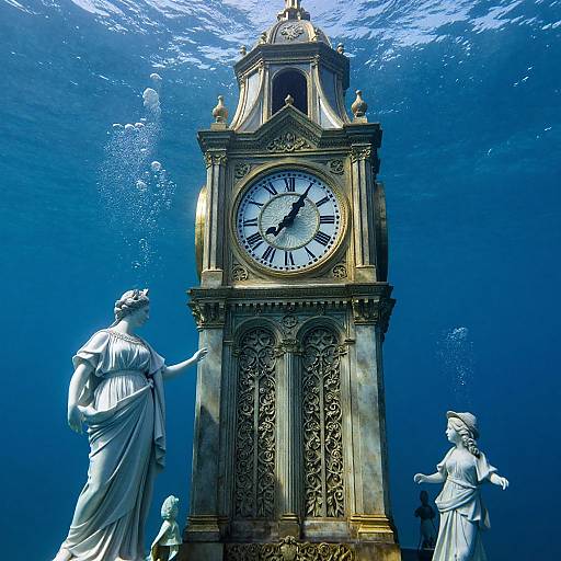 Photograph of an ornate, antique clock tower surrounded by white marble statues of classical figures underwater, with bubbles rising.