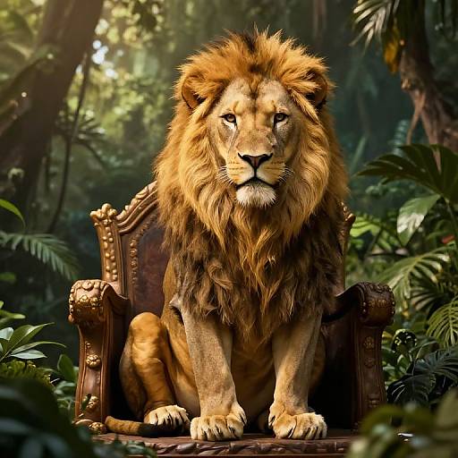 Photorealistic digital artwork of a majestic lion with a full mane, sitting regally on an ornate, wooden throne in a dense, lush jungle