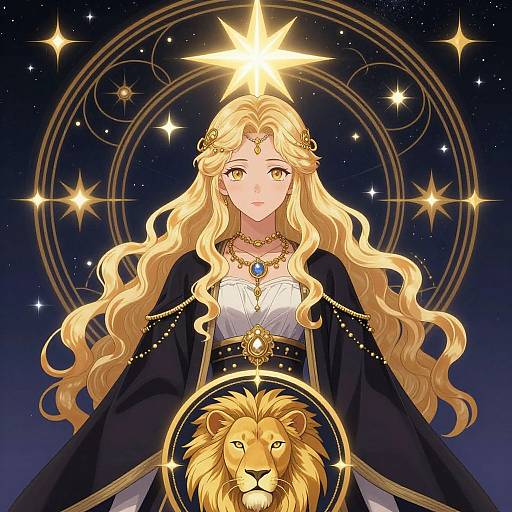 Digital illustration of a blonde, ethereal queen with flowing hair, wearing a black cloak and white dress, adorned with jewels, standing before a glowing star