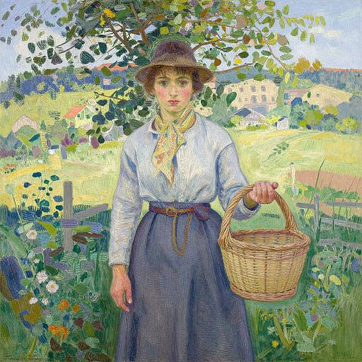 Post-impressionist painting of a young woman with fair skin, wearing a white blouse, blue skirt, and straw hat, holding a wicker basket