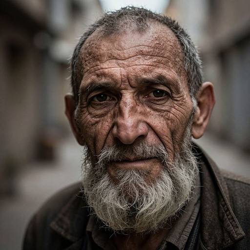 Photograph of an elderly man with wrinkled, tanned skin, gray beard, and dark, intense eyes, standing in a blurred, narrow alley