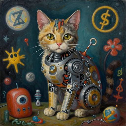 Digital painting of a robotic, orange tabby cat with yellow eyes, surrounded by colorful, steampunk-style gadgets and symbols in a dark, whims