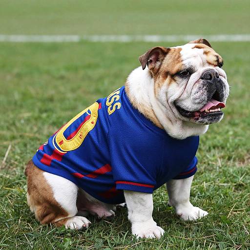 Happy Bulldog in Messi Dog Jersey
