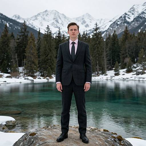 Photograph of a serious, fair-skinned man in a black pinstripe suit and tie, standing on a snow-covered rock by a clear,