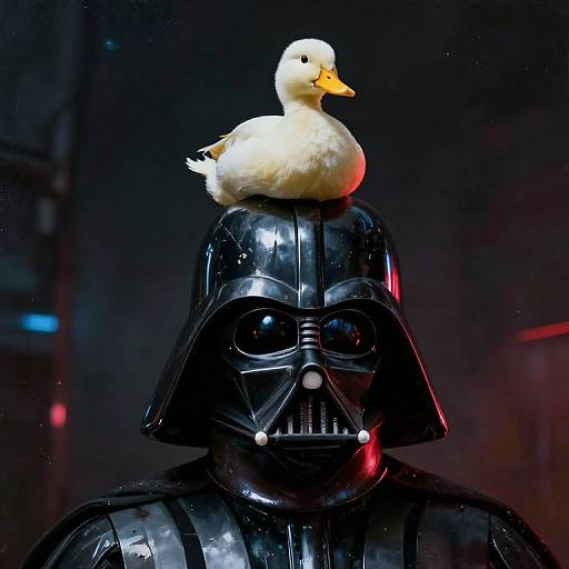 Photograph of a rubber Darth Vader helmet with a white duck perched on top, illuminated by red and blue lights.