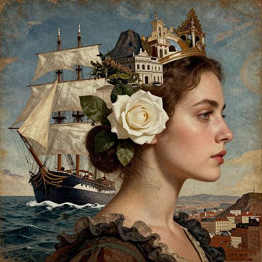 Digital artwork: Pale-skinned woman with dark hair, white rose, Victorian dress, profile view, large ship, and ornate building in background.