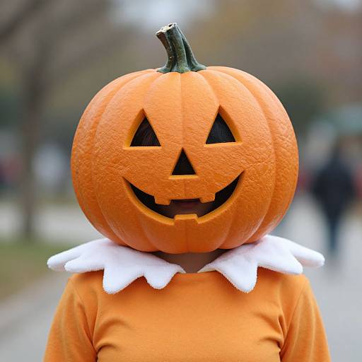 Photograph of a person wearing an orange pumpkin costume with a carved jack-o'-lantern face and white scalloped collar, outdoors in a blurred