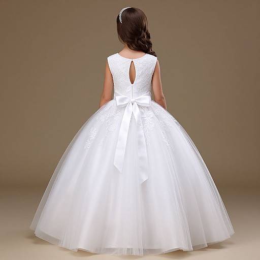 Photograph of a young bride facing away, wearing a white, sleeveless, lace bodice wedding dress with a keyhole back and full tulle