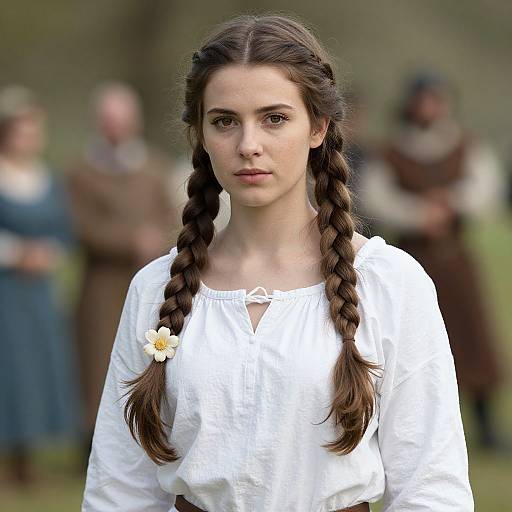 Photograph of a young woman with braided brown hair, wearing a white blouse with a yellow flower, standing in a blurred outdoor setting with medieval-cost