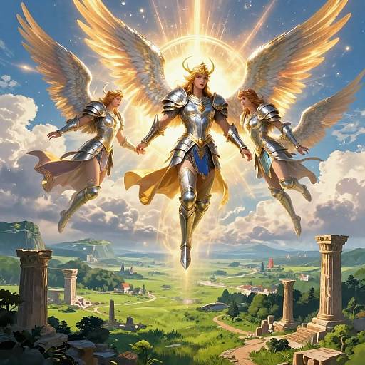 Digital artwork of a radiant, armored angel with golden wings, surrounded by two smaller armored angels, descending over a lush, ancient landscape with ruins and a