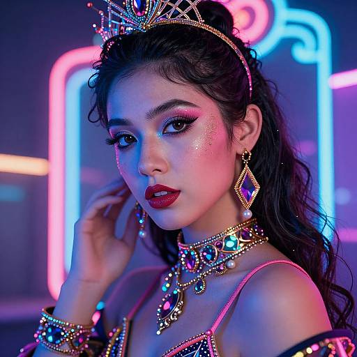 Photograph of an Asian woman with long black hair, wearing a jeweled tiara, elaborate necklace, earrings, and pink glitter on her cheeks,
