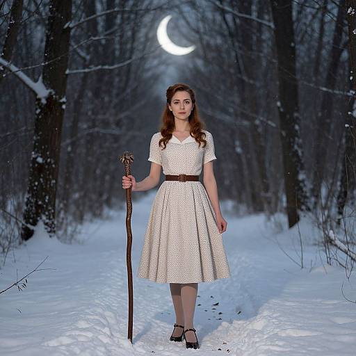Photograph of a young woman with long brown hair in a white polka-dot dress, holding a staff, walking in a snowy forest under a glowing
