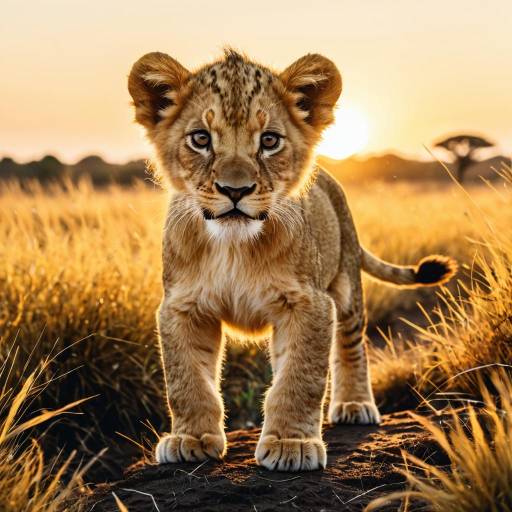 Lion Cub on Golden Savanna at Sunrise