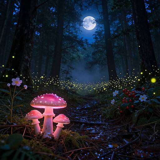 Photograph of a moonlit forest with glowing mushrooms, surrounded by twinkling fireflies, white flowers, and red berries along a misty path.
