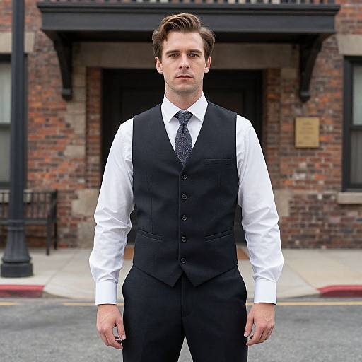 Photograph of a handsome young Caucasian man in a black vest, white shirt, and patterned tie, standing in front of a brick building.