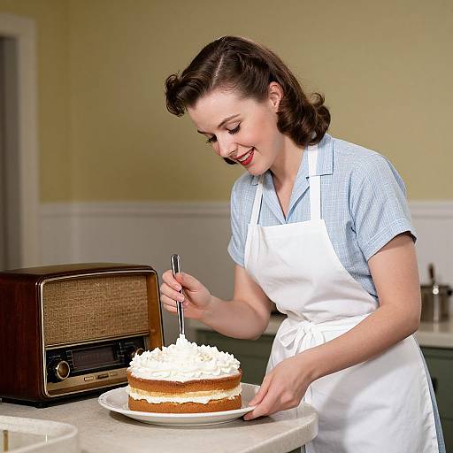 Vintage-style photograph of a smiling woman with wavy brown hair, wearing a blue checkered shirt and white apron, frosting a cream-topped cake