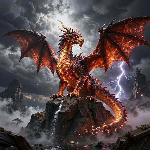 Digital artwork of a fierce, glowing red and orange dragon with fiery scales and lightning bolts, standing on a rocky peak amidst a stormy, cloudy sky