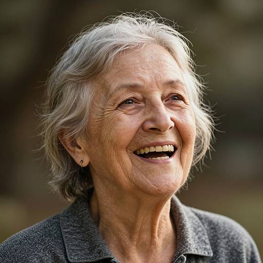 Photograph of a smiling elderly woman with short, gray hair, wearing a gray coat, against a blurred outdoor background. Warm light highlights her wrinkles and