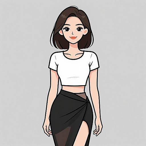 Digital anime-style drawing of a smiling young woman with dark brown hair, wearing a white crop top and black wrap skirt.