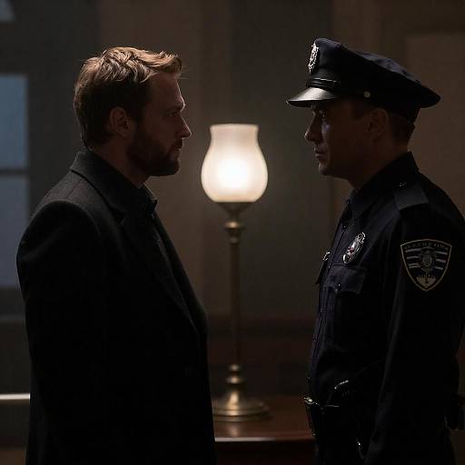 Photograph of a dimly lit room showing a tense standoff between a stern police officer in uniform and a serious man in dark clothing, illuminated by a
