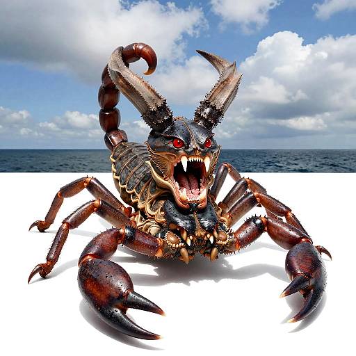 Hyperrealistic Scorpion Monster with Red Eyes and Horns