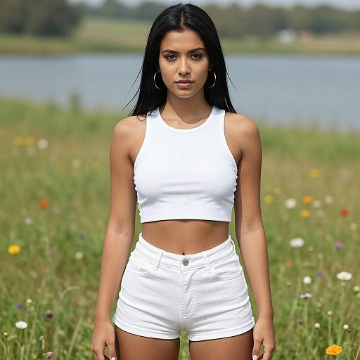 Young Woman in Meadow with Lake Background