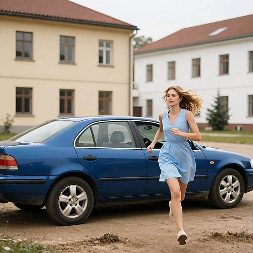 Dynamic Woman in Blue Dress Running