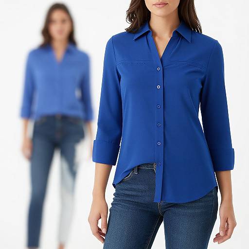 Photograph of a woman in a blue button-up shirt and blue jeans, front view close-up with blurred background showing same outfit.