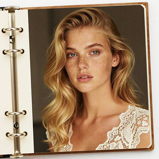 Photograph of a freckled, blonde-haired woman with blue eyes, wearing a white lace top, in a spiral-bound sketchbook page.