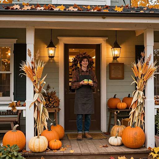 Photograph of a woman with curly hair, wearing a brown plaid shirt and apron, standing in a pumpkin-decorated porch, holding a