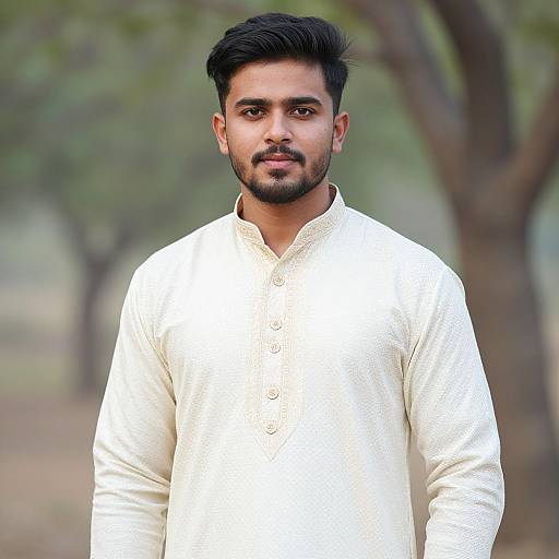 Photograph of a young South Asian man with dark hair, trimmed beard, and brown eyes, wearing a white traditional long-sleeve kurta,