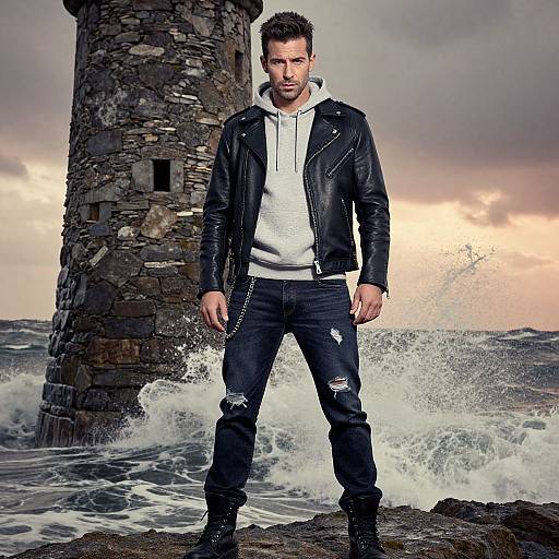Photograph of a rugged, bearded man in a black leather jacket, white hoodie, and ripped jeans, standing in front of a stone lighthouse