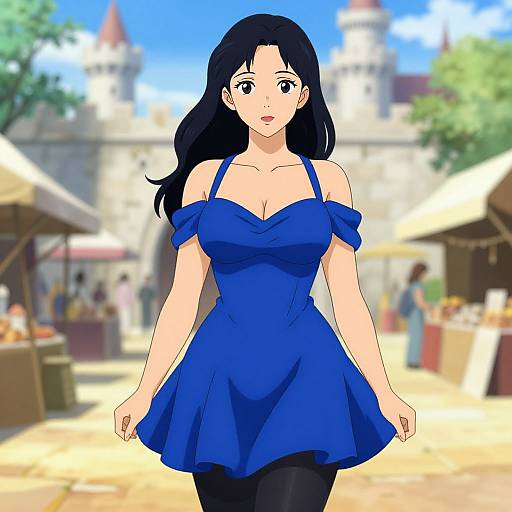Digital anime-style drawing of a black-haired woman in a blue, off-shoulder, strapless dress, standing in a sunny, bustling market with