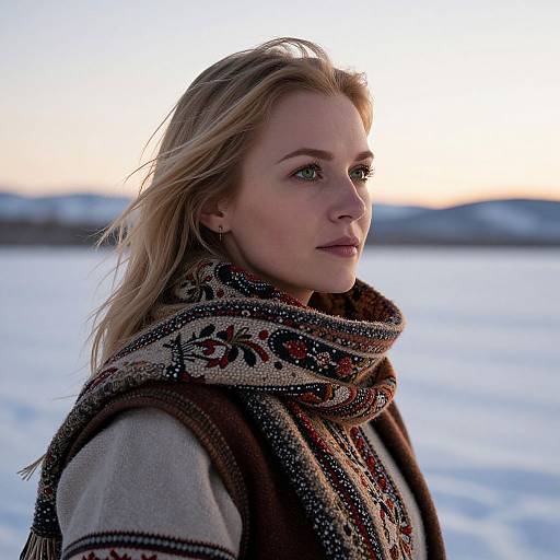 Photograph of a blonde woman with fair skin, wearing a patterned scarf and beige coat, standing by a snowy lake at sunset, gazing into