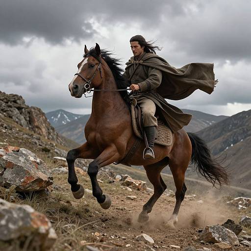 Photograph of a long-haired man in medieval attire riding a galloping brown horse through a rocky mountainous landscape under a cloudy sky.