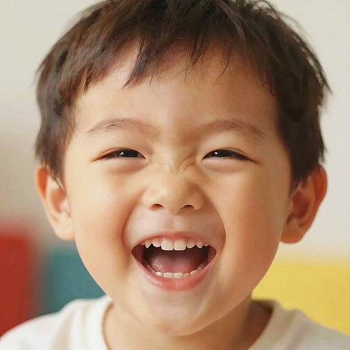 Close-up photograph of a young Asian boy with short black hair, smiling broadly with his mouth open, showing teeth, wearing a white shirt, against a