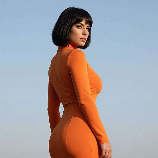 Photograph of a woman with a black bob, wearing a form-fitting, bright orange long-sleeve dress, standing against a clear blue sky