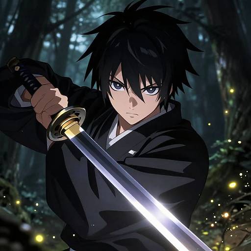 Anime-style digital artwork of a serious, black-haired male samurai with piercing blue eyes, holding a glowing sword in a dark, forested night.