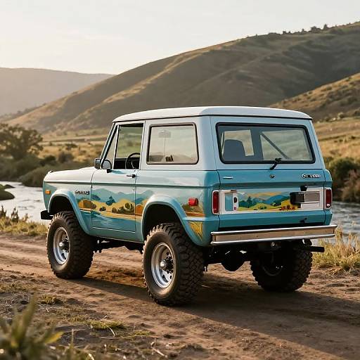 Photograph of a turquoise, lifted, vintage off-road truck with sunflower decals, parked on a dirt path by a river, with rolling hills in