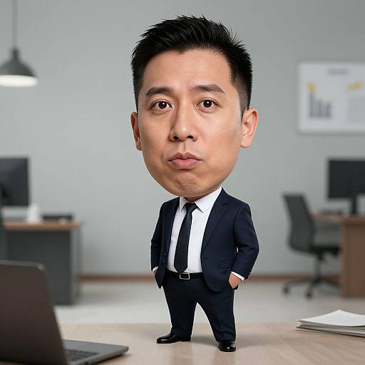Chibi-style digital illustration of an Asian man in a black suit and tie, standing confidently in a modern office with blurred desks and computers in the background