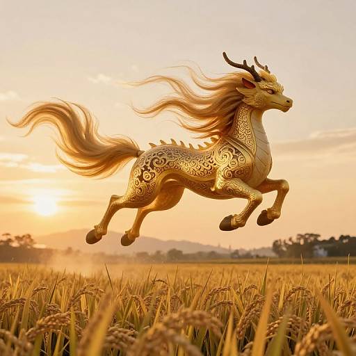 Digital artwork of a golden, intricately patterned dragon horse with flowing mane, leaping in a sunlit golden wheat field at sunset.