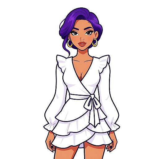 Digital illustration of a stylish woman with purple hair, wearing a white, ruffled, V-neck blazer and skirt, large hoop earrings, and confident