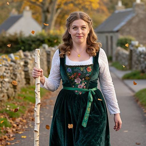 Photograph of a fair-skinned woman with brown hair in a green velvet dress with floral embroidery, white lace sleeves, holding a birch branch,