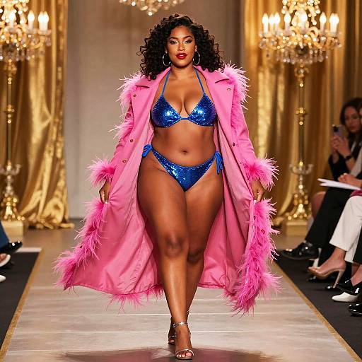 Photograph of a confident Black woman with curly hair, wearing a shimmering blue bikini, pink feathered coat, and high heels, strutting down