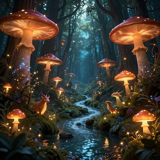 Fantastical forest scene with glowing, giant red mushrooms, twinkling fireflies, and a shimmering stream winding through enchanted woods. Digital art.