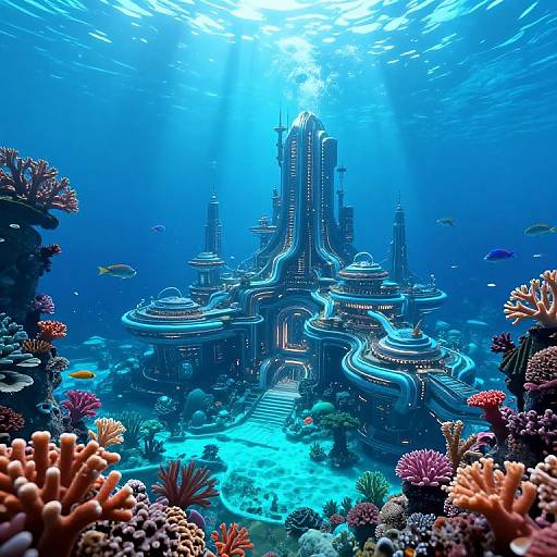 Digital artwork of an underwater futuristic city with glowing blue lights, surrounded by colorful coral reefs and various fish, bathed in sunlight from above.
