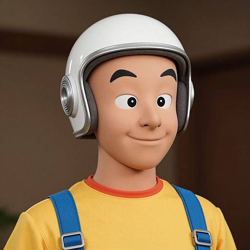 Photograph-style CGI of a smiling cartoon boy with large eyes, wearing a silver helmet, yellow shirt, and blue suspenders.